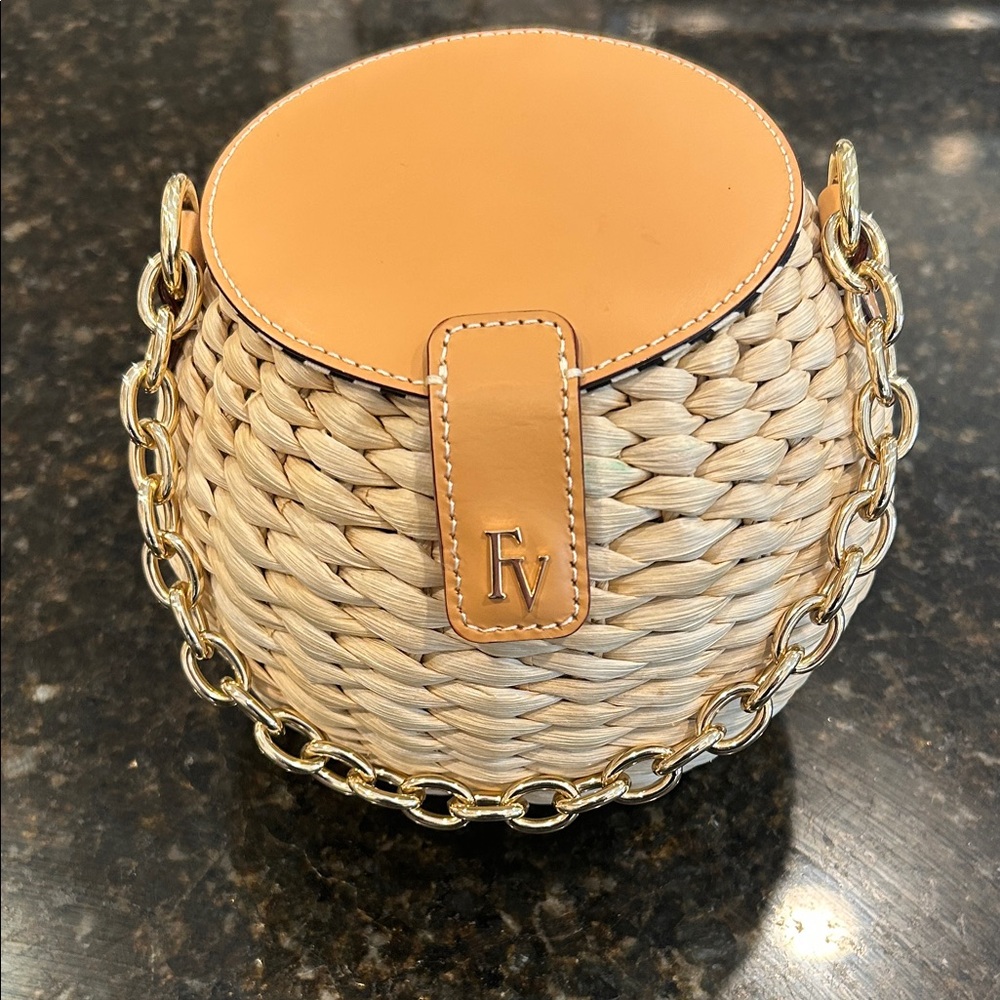 Francis Valentine Honeypot Raffia Straw Gold Chain Vachetta Purse Handbag